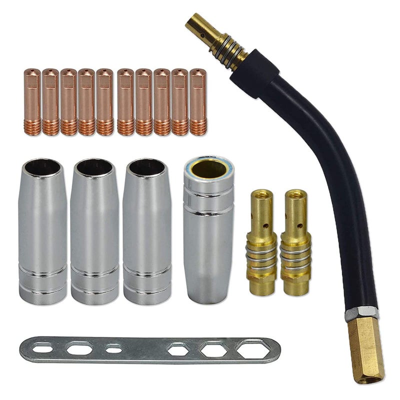 RIVERWELD MIG MAG Contact Tips .030" 0.8mm M6 140.0059 & Tips Holder Diffuser Conical Gas Nozzle Shield Cups 145.0075 & Torch Neck 002.0009 kit for MB15 15AK Welding Torch 18pcs - Image 1